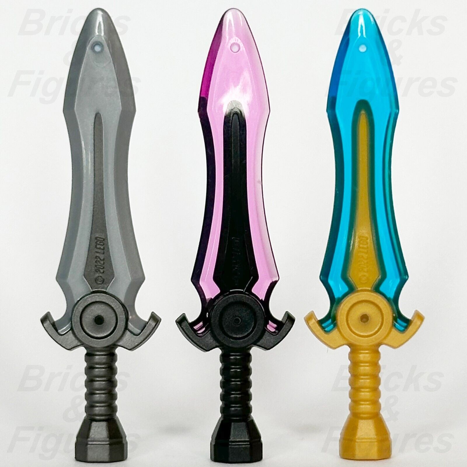 LEGO Minifigure Sword Weapon Part Pack Silver Pink Blue Blade Broadsword x 3 - Bricks & Figures